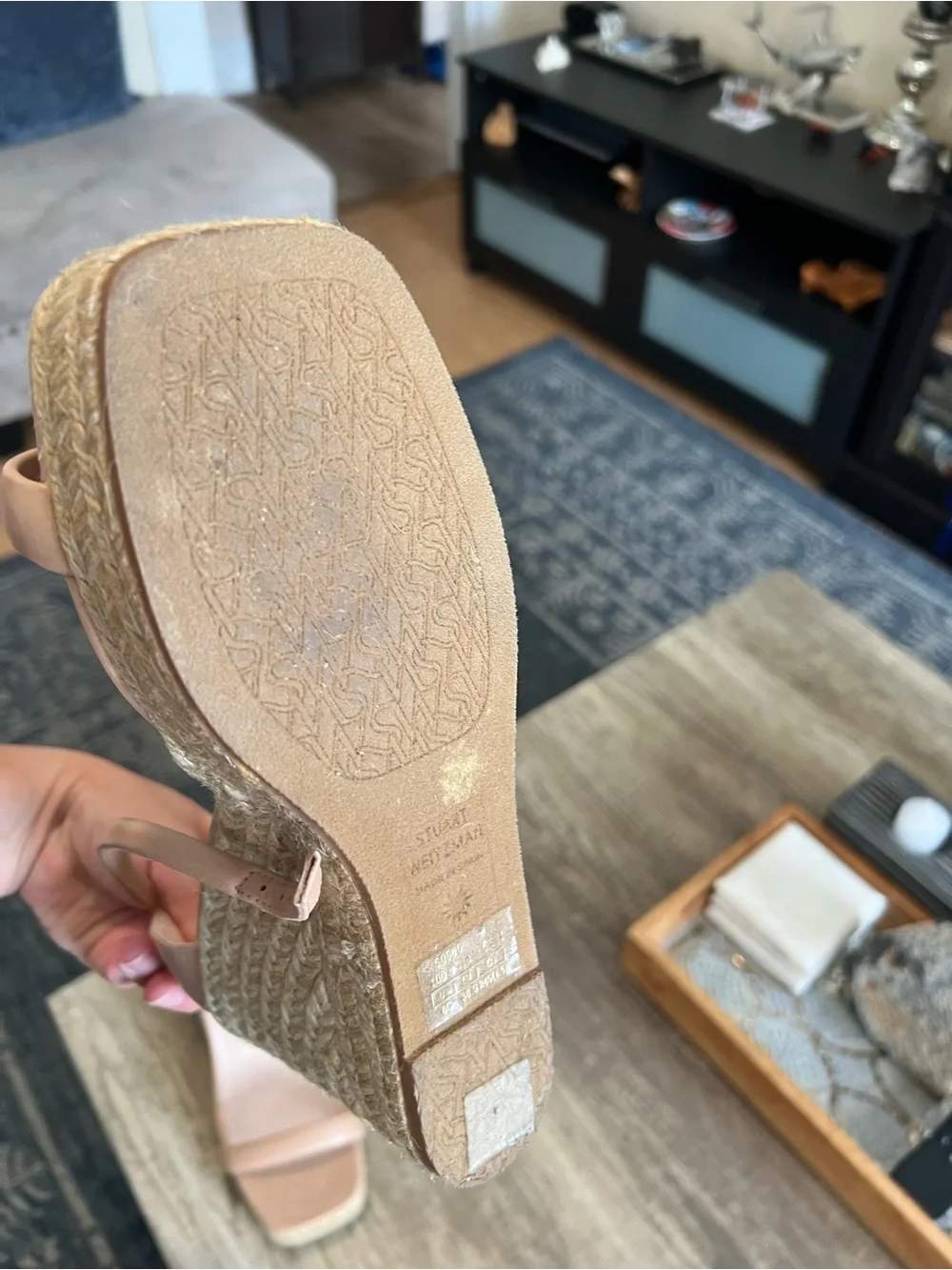 Stuart Weitzman Beige Ankle-Strap Espadrille Wedge Sandals